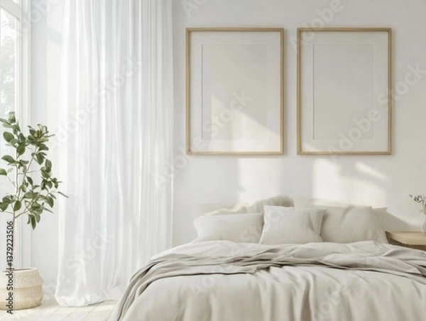 Obraz A white bedroom with a bed and a plant. The bed is covered with a white blanket and pillows