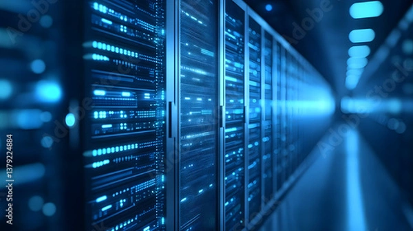 Fototapeta Futuristic Tech Background with Blurry Server Lights and Soft Blue Glow