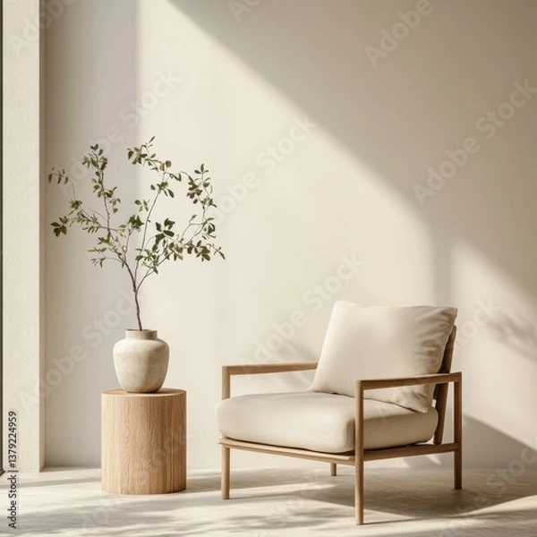 Obraz A white chair is sitting in front of a wooden table. A vase with a plant in it is on the table