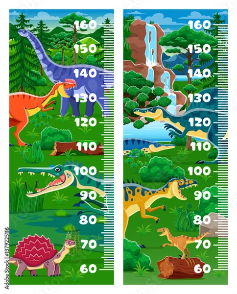 Fototapeta Kids height chart ruler with funny dinosaurs and cartoon Jurassic lizards, vector background. Kids height chart or baby growth measure ruler with prehistoric dinosaurs and lizards in jungle forest