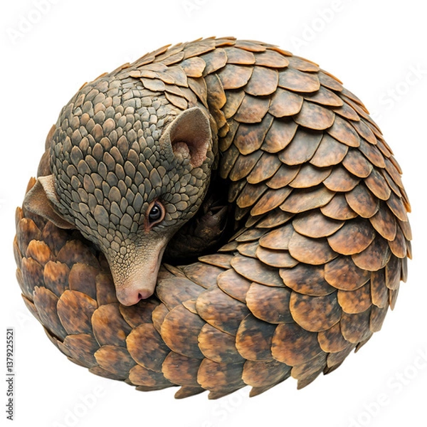 Fototapeta A Stunning Pangolin Curled Up in a Defensive Pose Isolated on Transparent Background