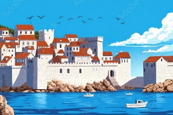 Obraz Croatian coastal city with red roofed houses and medieval walls under bright blue sky