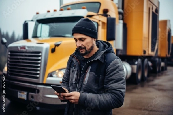 Fototapeta Portrait of a Truck driver standing next to truck and using his phone