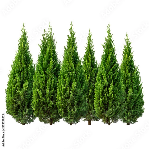 Fototapeta A Row of Vibrant Thuja Trees with Dense Green Foliage Isolated on Transparent Background