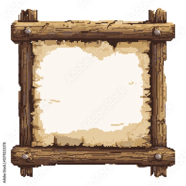 Fototapeta Pixel art wooden frame with aged parchment