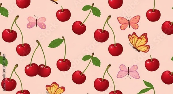 Fototapeta Sweet Cherries And Butterflies Delightful Pastel Illustration AI Generated