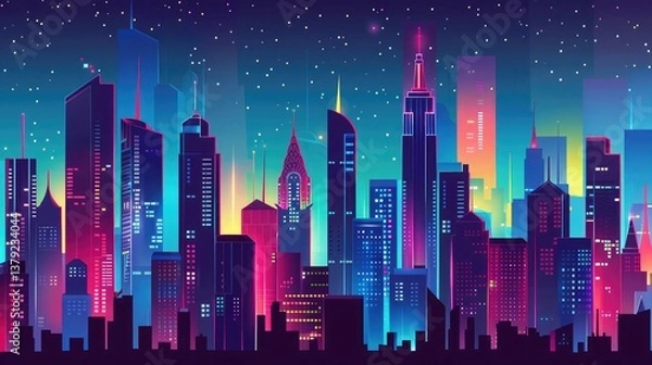 Fototapeta A futuristic cityscape at night, featuring towering skyscrapers adorned with glowing lights