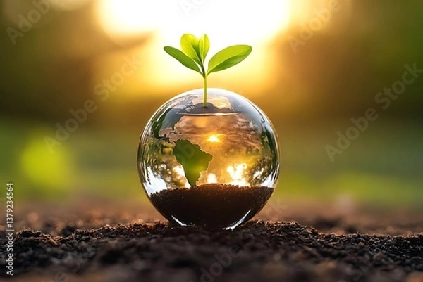 Fototapeta Seedling Growing in Earth Globe on Soil at Golden Hour with Warm Bokeh Background