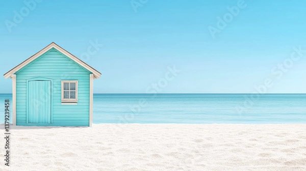 Fototapeta Tranquil beach scene with blue hut and clear sky for relaxation inspiration. Charming turquoise banner with empty space for summer vacation themes