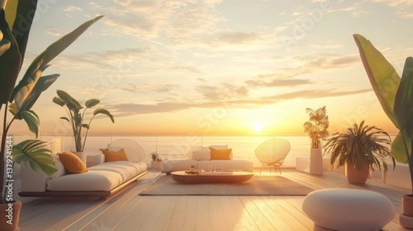 Obraz Resort hotel balcony with an oceanfront view, a cozy seating arrangement, and a warm sunrise glow.