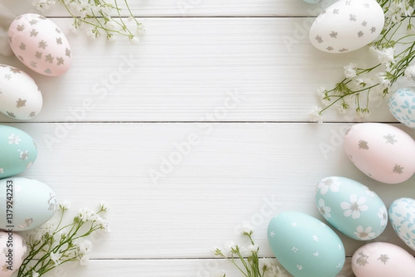 Obraz Beautiful decorated Easter eggs and spring flowers on white background, flat lay. Banner design with space for text.