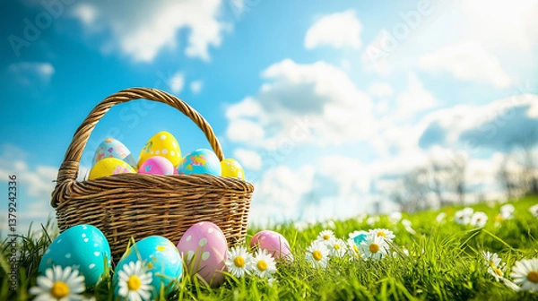 Obraz Colorful Easter eggs in a basket on spring grass with blooming daisies. Perfect for festive cards, seasonal decorations, egg hunts and holiday joy in nature.
