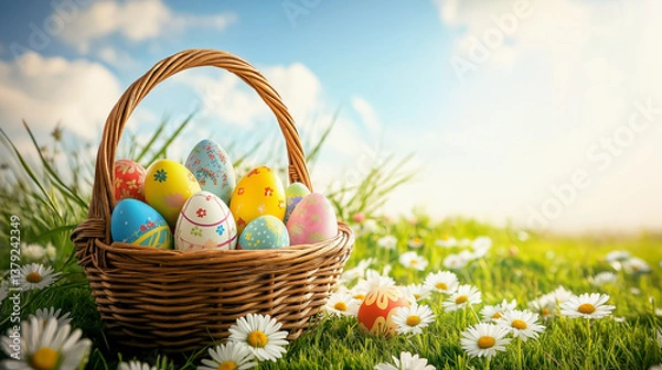 Obraz Colorful Easter eggs in a basket on spring grass with blooming daisies. Perfect for festive cards, seasonal decorations, egg hunts and holiday joy in nature.