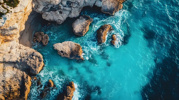 Obraz Top-Down Drone View of Rugged Coastal Shoreline with Turquoise Water and Textured Rock Formations