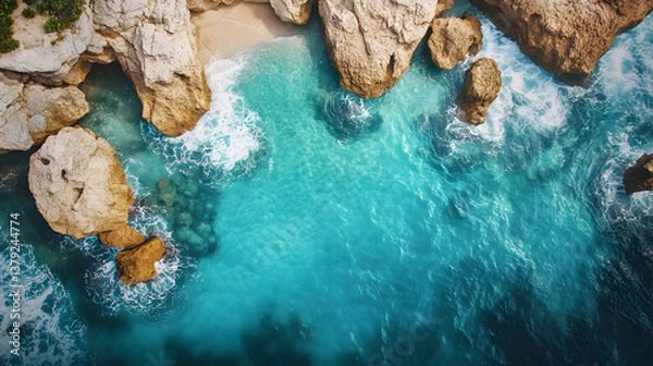 Obraz Top-Down Drone View of Rugged Coastal Shoreline with Turquoise Water and Textured Rock Formations