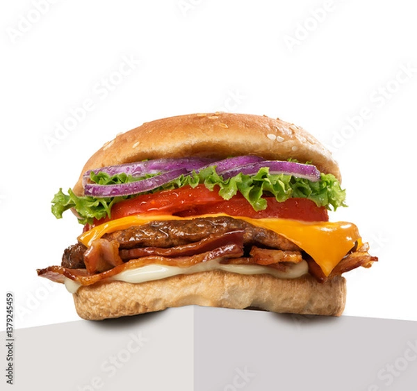 Obraz Delicious Gourmet Burger with Melted Cheese and Crispy Bacon on a White Surface