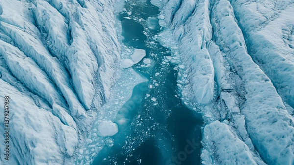 Obraz Top-Down Drone View of Icy Glacier Landscape with Dramatic Crevasses and Blue Ice Patterns
