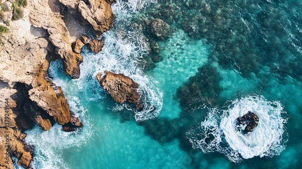 Obraz Top-Down Drone View of Rugged Coastal Shoreline with Turquoise Water and Textured Rock Formations
