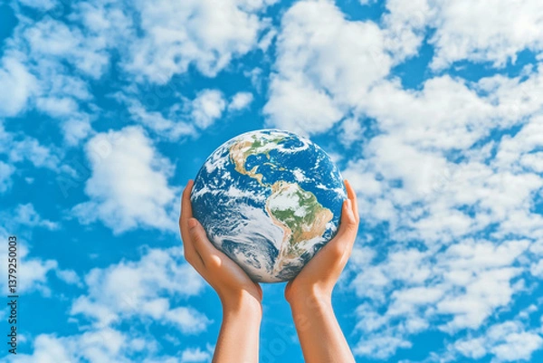 Obraz Protecting Our Planet Hands Holding Earth Against a Blue Sky with Clouds