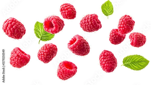 Fototapeta Fresh Ripe Juicy Raspberries with Leaves in Flight Isolated on White Background
