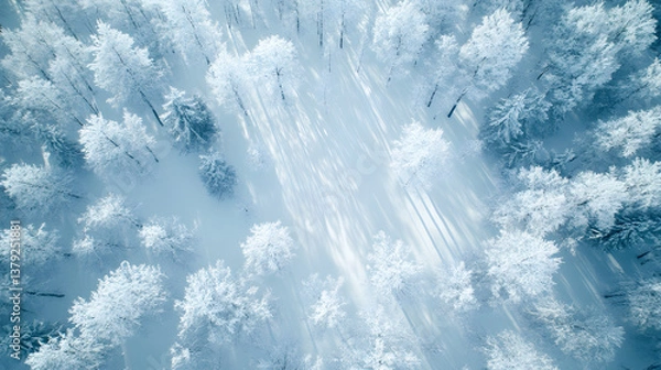 Obraz Aerial Top-Down View of Snow-Covered Winter Forest with Soft Blue Shadows