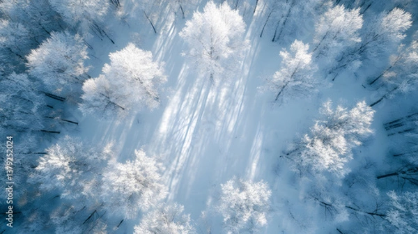 Obraz Aerial Top-Down View of Snow-Covered Winter Forest with Soft Blue Shadows