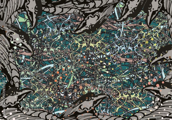 Obraz Dark backdrop with eagle heads and linear motifs for fabrics or dynamic posters. Chaotic dangerous motifs for fashion trends, business concepts, covers,  interior solutions, tiles, prints, textiles