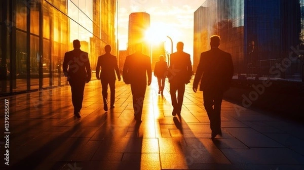 Obraz Businessmen walking away from camera in city at sunset.