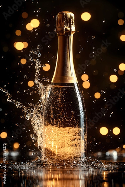 Obraz A champagne bottle bursts open with sparkling splashes against a festive bokeh background