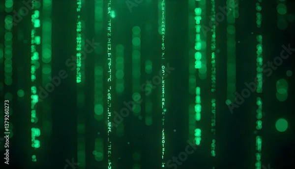 Fototapeta Emerald Green Digital Rain, Glowing Particle Streams, Abstract Background