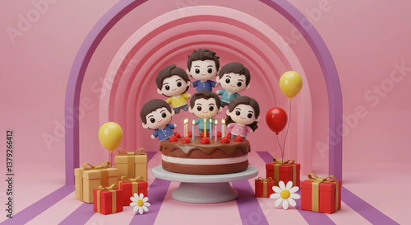 Fototapeta Anniversaire en famille façon cartoon