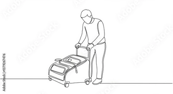 Fototapeta Continuous line drawing of a person with suitcase, travel preparation art