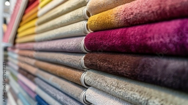 Fototapeta Colorful Carpets or Rugs Rolled Up and Stacked Showcasing a Variety of Textile Samples