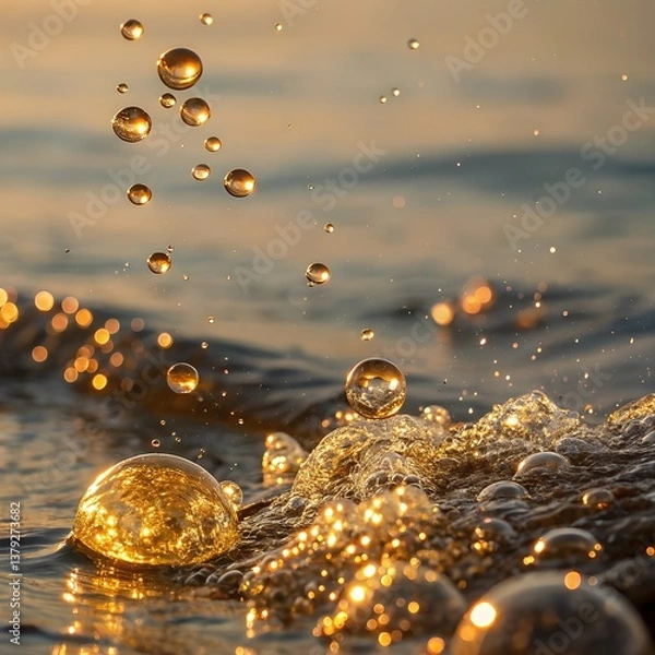 Obraz Golden glitter, water, bubbles and water