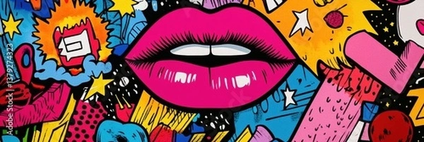 Fototapeta Vibrant pop-art background featuring colorful stickers of lips, lightning bolts, and comic icons over a clean white surface