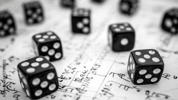 Fototapeta Black dice scattered on a game sheet
