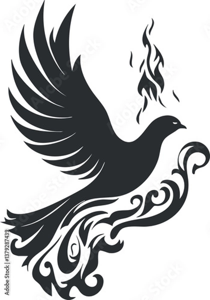 Fototapeta Stylized black silhouette of a dove with flames and ornate patterns, symbolizing freedom and peace.