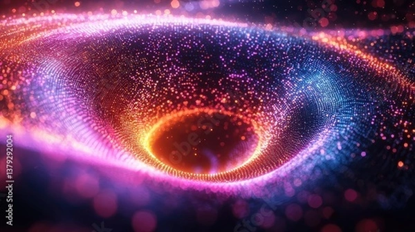 Fototapeta A vibrant digital vortex made of glowing particles in motion. The neon colors form a tunnel-like spiral of energy and light. Suitable for use as a sci-fi wallpaper, background, or cinematic visual