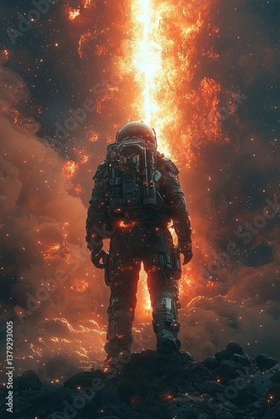 Fototapeta A solitary astronaut stands before a sky cracked open with fire and light, looking up at the burning cosmic breach