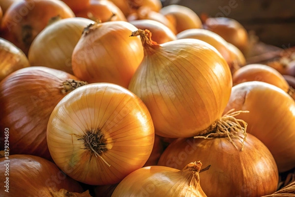 Fototapeta Fresh onion,Close-up on onion harvesting technology showcasing modern techniques in the USA,Onion bulbs collected in the garden, close-up ,a close up of a bunch of onions on a table.


