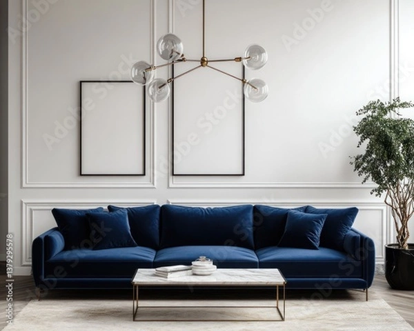 Fototapeta Minimalist Mock Up Poster Frame in Modern Scandinavian Interior Living Room 3D Render Illustration