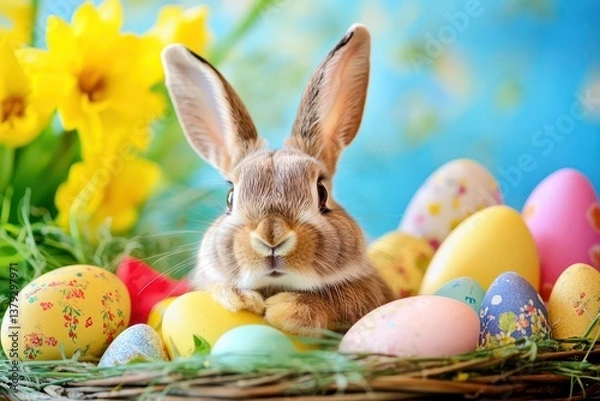 Fototapeta Cute rabbit surrounded by colorful Easter eggs