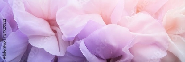 Fototapeta Delicate layers of purple and pink fabric flowers create a soft and inviting texture in a serene setting