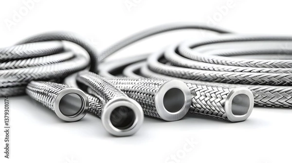 Obraz A set of flexible stainless steel braided hoses used for water supply and plumbing applications isolated on a white background
