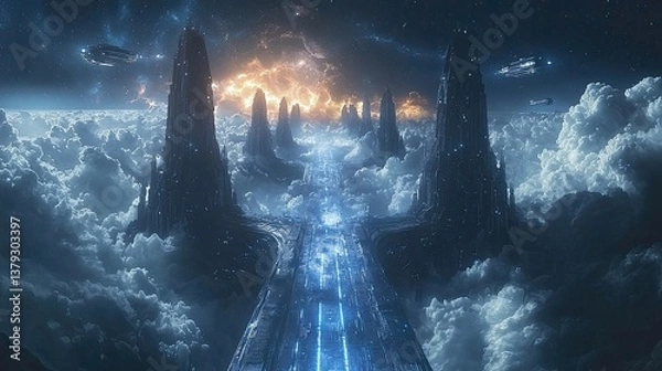 Fototapeta A futuristic space city with towering black structures rising above clouds, spaceships in the sky. Ideal for sci-fi backgrounds, posters, or cinematic visuals