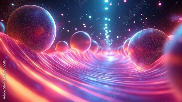 Fototapeta Glowing spheres float along a luminous wave in a cosmic abstract space. Perfect as a science-themed wallpaper, tech poster, or modern digital cover