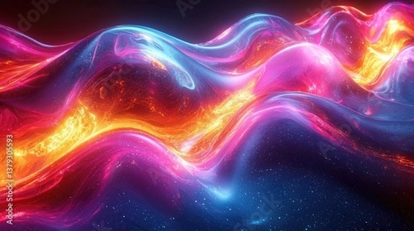 Fototapeta A vivid display of glowing fluid waves in pink, orange, and blue hues, creating a mesmerizing cosmic motion. Great for sci-fi covers, tech art, or vibrant wallpapers