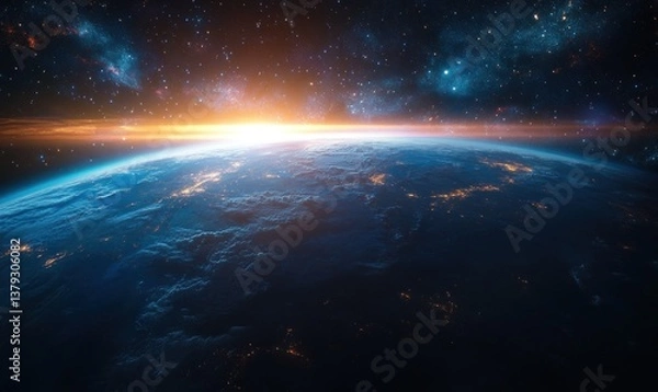 Fototapeta Earth Space View with Stars Nebula Horizon and Cinematic Lighting in Deep Space