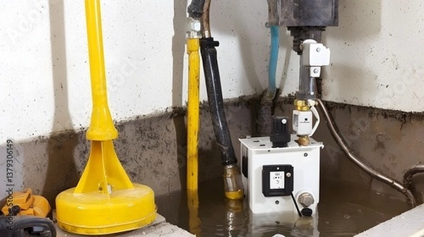 Obraz Close up view of a yellow sump pump with a float switch mechanism used for basement water drainage and flood prevention