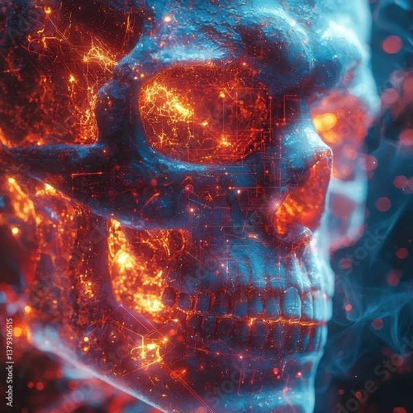 Fototapeta Fiery glowing skull with neural circuits burning inside. Suited for dark sci-fi, concept art, or cyber horror visuals